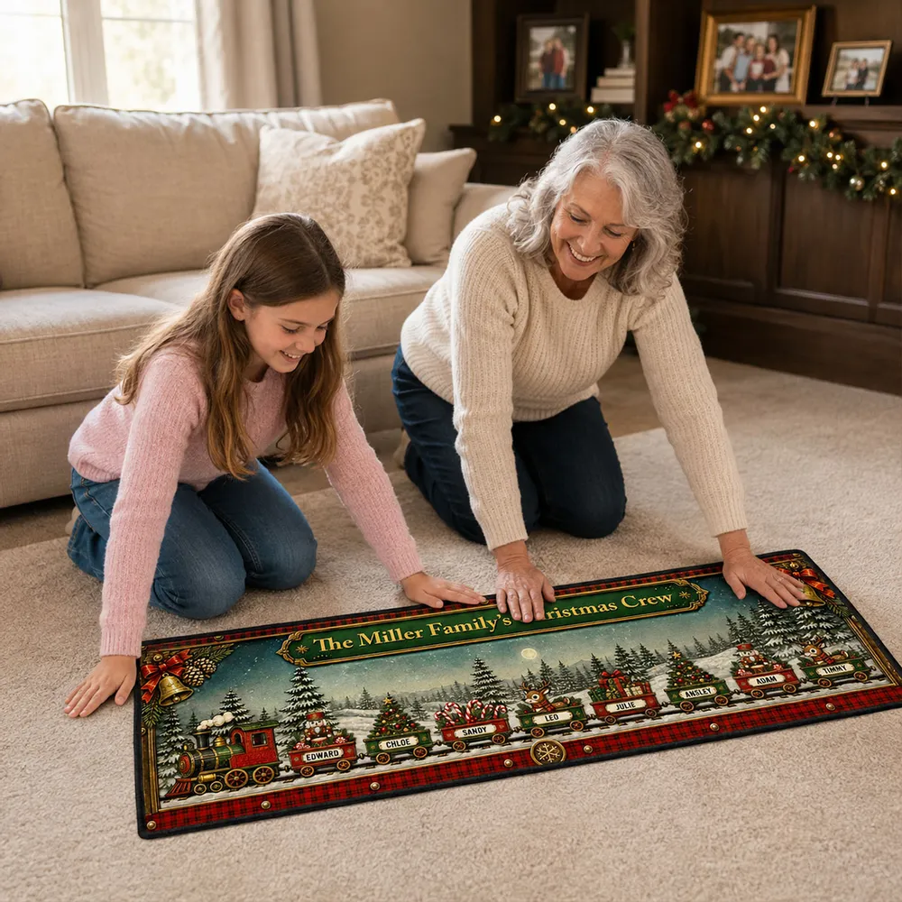 Christmas Train Family - Personalized Runner Rug - Christmas Gifts For Family, Grandma, Grandpa, Mom, Dad, Brother, Sister