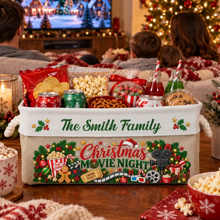 Christmas Movie Night Basket - Personalized Storage Basket - Christmas ...