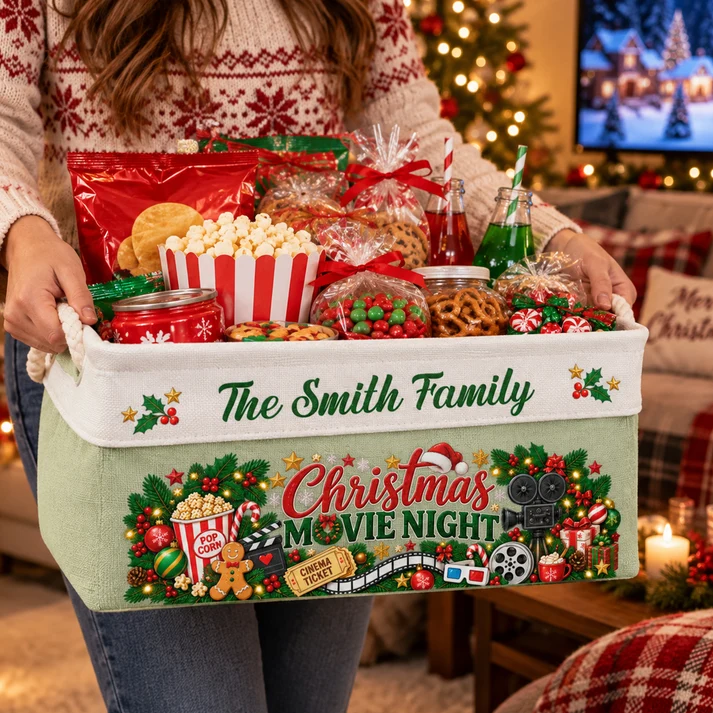 Christmas Movie Night Basket - Personalized Storage Basket - Christmas Gift For Family, Mom, Dad, Brothers, Sisters