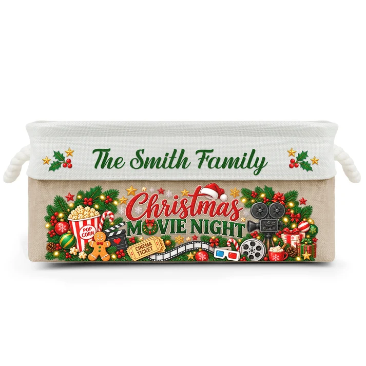 Christmas Movie Night Basket - Personalized Storage Basket - Christmas Gift For Family, Mom, Dad, Brothers, Sisters
