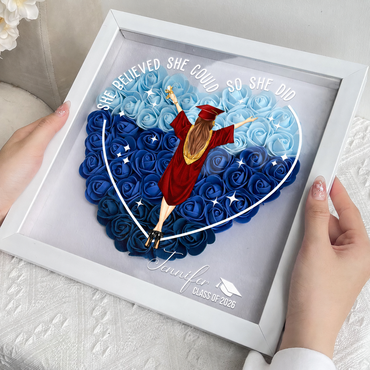 Class Of 2026 She Believed She Could So She Did - Personalized Flower Shadow Box - Gift For Her, Daughter, Grad Ceremony, Commencement