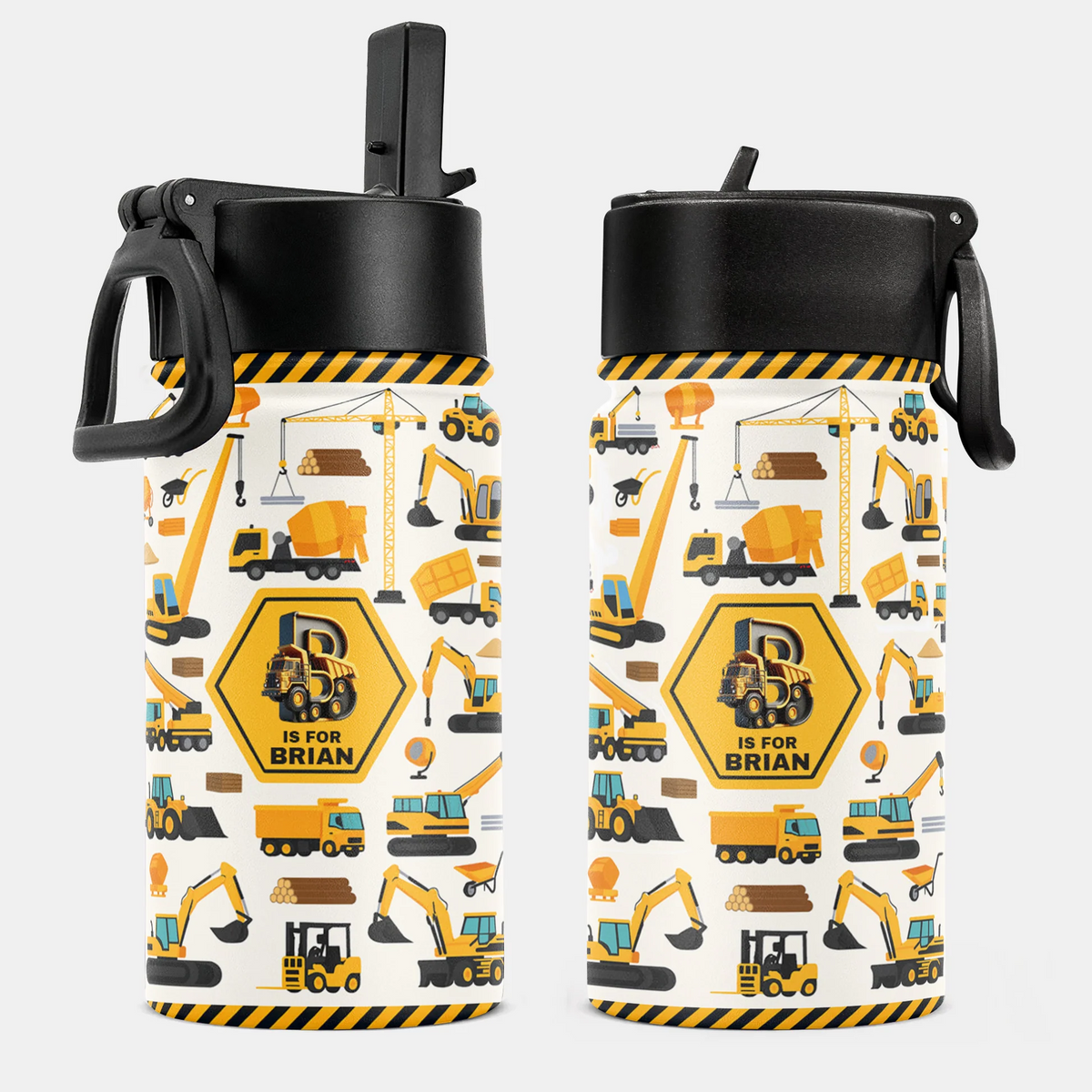 Construction Vehicles, Unicorn Letter - Personalized Kids Stainless Steel Water Bottle - Custom Gift For Back To School, First Day of School - Student, Son, Daughter | Kindergarten, Pre-K, Preschool