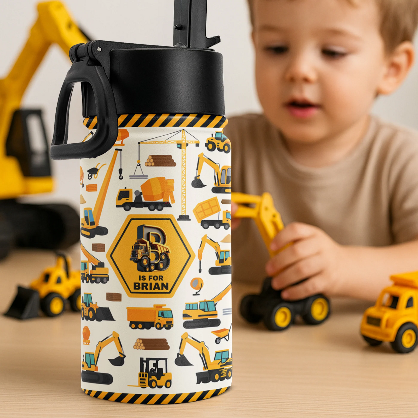 Construction Vehicles, Unicorn Letter - Personalized Kids Stainless Steel Water Bottle - Custom Gift For Back To School, First Day of School - Student, Son, Daughter | Kindergarten, Pre-K, Preschool