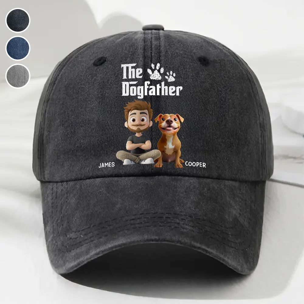 Cool Dog Father - Personalized Custom Vintage Washed Denim Cap - Gift for Him, Husband, Daddy, Father's Day 1