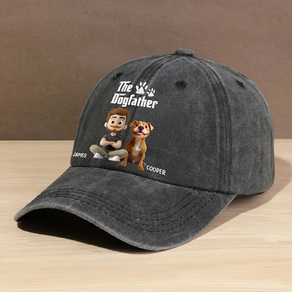 Cool Dog Father - Personalized Custom Vintage Washed Denim Cap - Gift for Him, Husband, Daddy, Father's Day 2