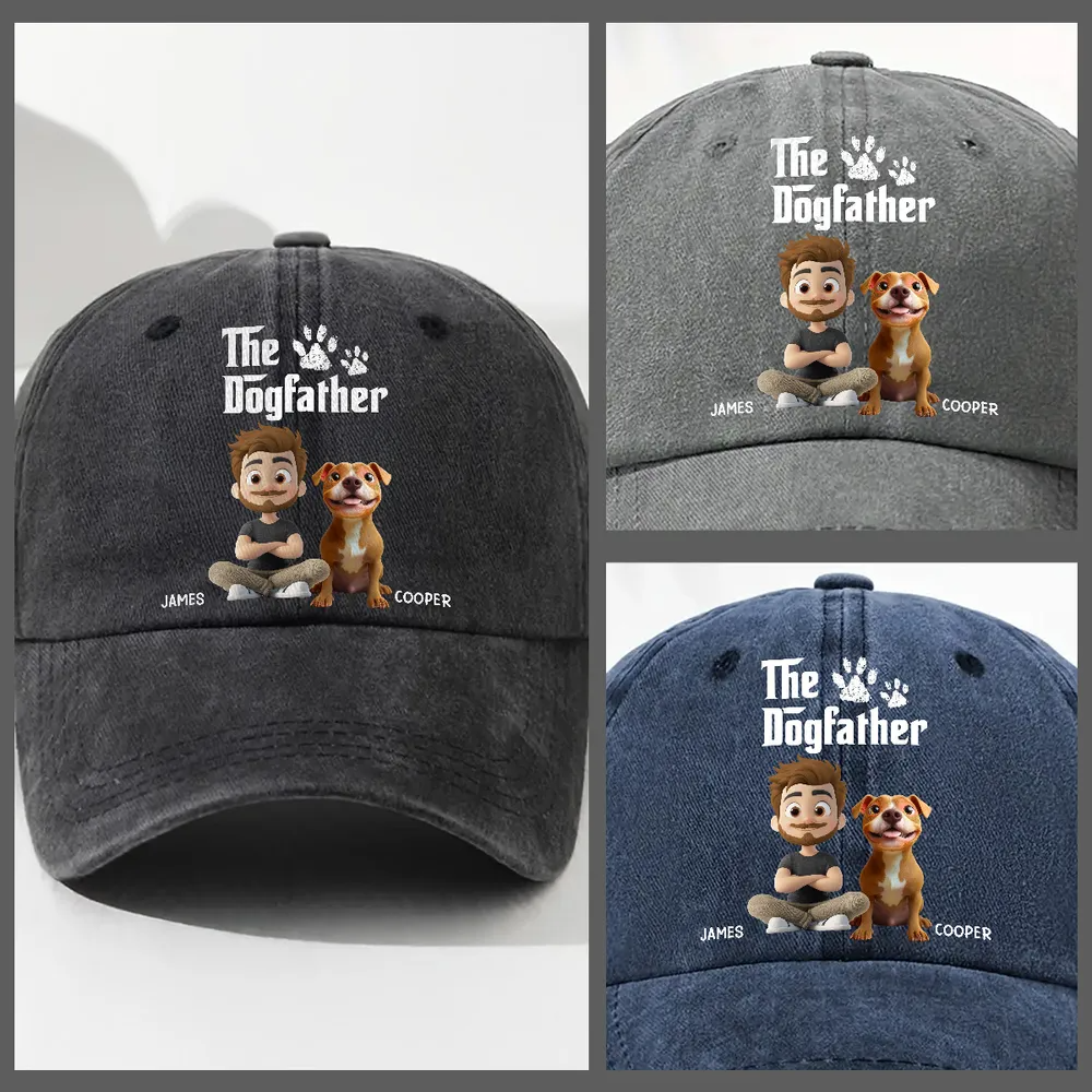 Cool Dog Father - Personalized Custom Vintage Washed Denim Cap - Gift for Him, Husband, Daddy, Father's Day 4