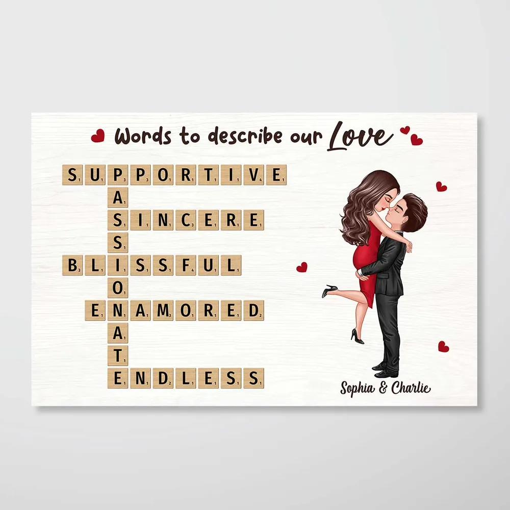 Personalized Coupe Hugging Kissing Crossword Puzzle poster, a woman hanging the framed print on a wall