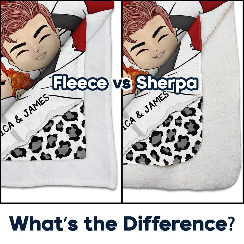 Personalized Couple Chibi Our Snuggle Blanket fleece blanket, sherpa reverse side folded back