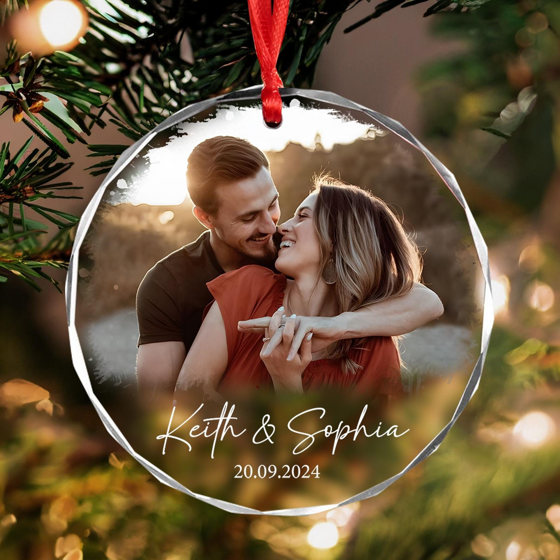 Custom Photo Couple Keepsake Ornament personalized circle glass ornament, alternate view 4