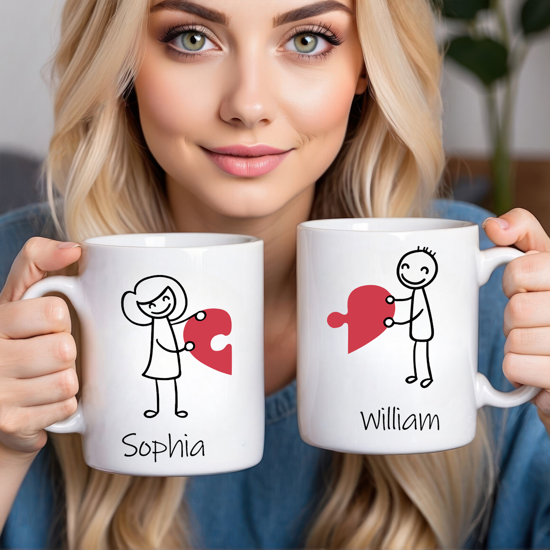 Matching Heart Puzzle Couple Mugs: Personalized Stick Figure Mug Set, alternate view 2