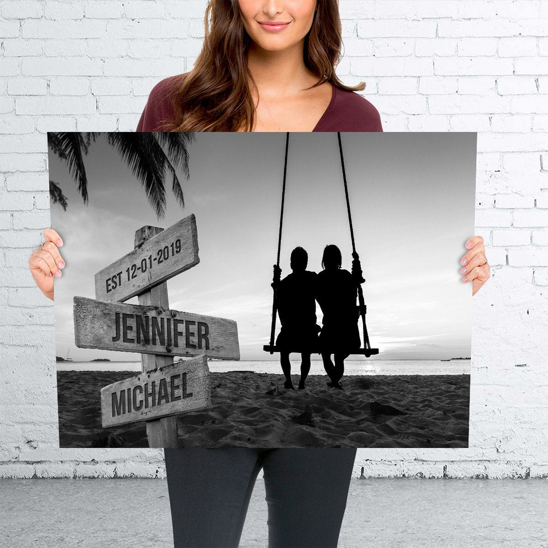 Personalized Couple Swing Names canvas print, framed in a bright living room