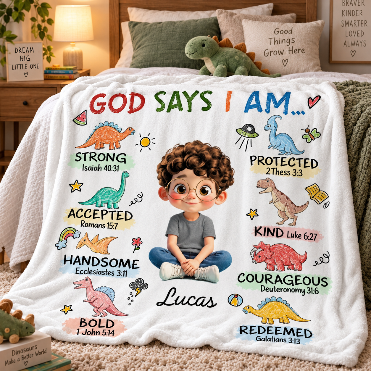 Personalized God Says I Am Strong Protected Kind fleece blanket, spread across a bed