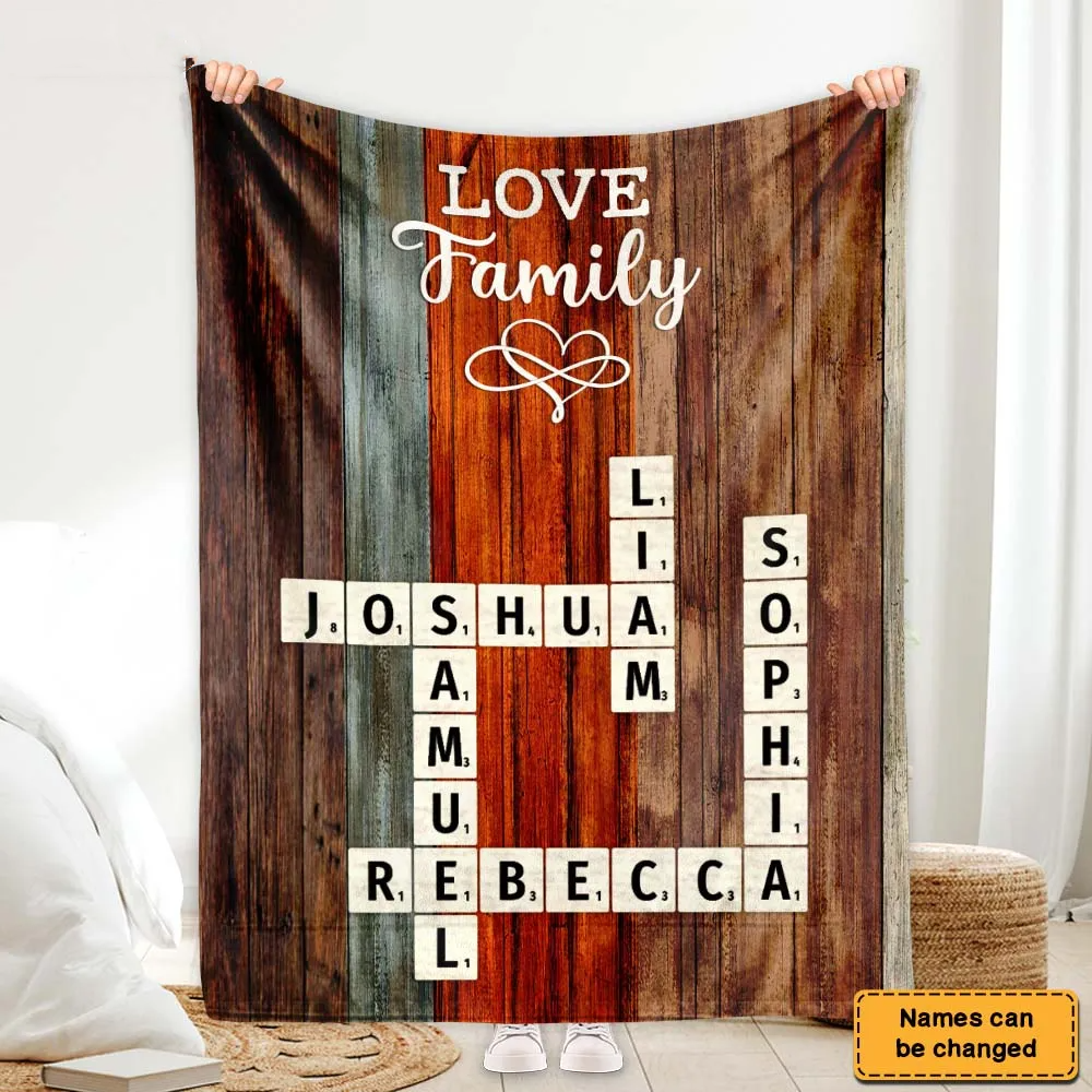 Personalized Created In A Moment, Treasured Forever Family Crossword Art fleece blanket, soft fleece fabric close-up
