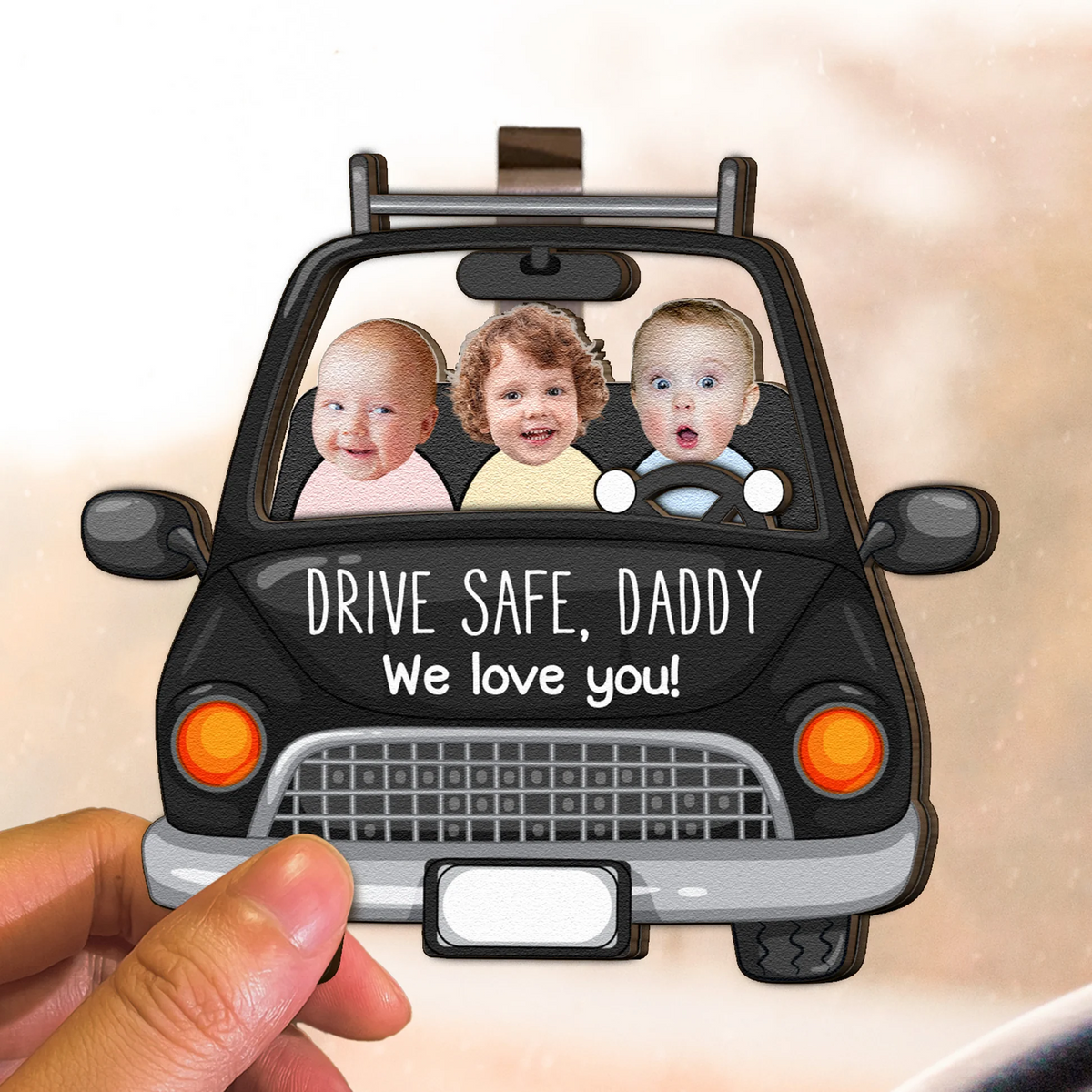 Custom Photo Babies Face Drive Safe Daddy - Personalized Shaped Car Visor Clip - Father's Day Gift for Dad, Papa, or Grandpa