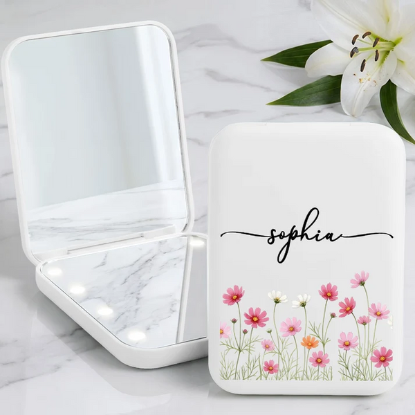 Custom Name & Birth Flower Birthday - Personalized LED Pocket Mirror - Gift For Her, Sisters, Daughter, Friends