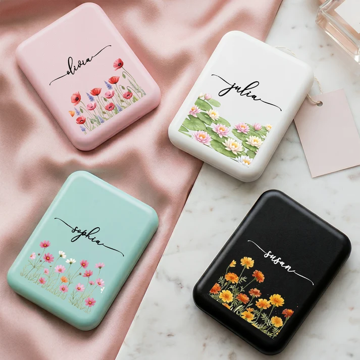 Custom Name & Birth Flower Birthday personalized led pocket mirror, alternate view 2