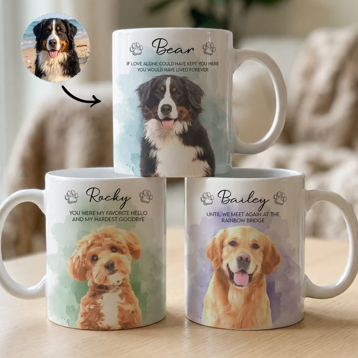 Custom Photo Watercolor Pet Portrait Memorial - Personalized Custom Mug - Pet Memorial Sympathy Gifts For Dog Lovers, Cat Lovers
