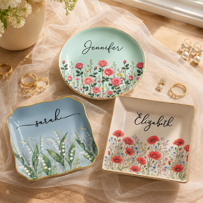 Custom Birth Flower & Name For Her - Personalized Jewelry Dish - Gift For Her, Besties, Friends, Sisters
