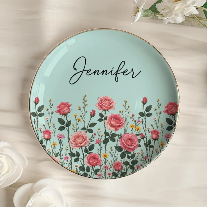 Custom Birth Flower & Name For Her - Personalized Jewelry Dish - Gift For Her, Besties, Friends, Sisters