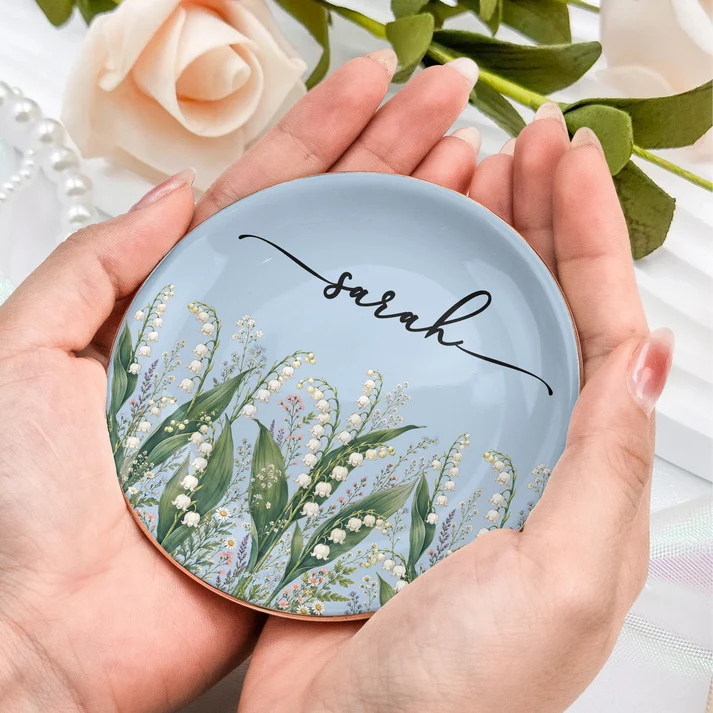 Custom Birth Flower & Name For Her - Personalized Jewelry Dish - Gift For Her, Besties, Friends, Sisters