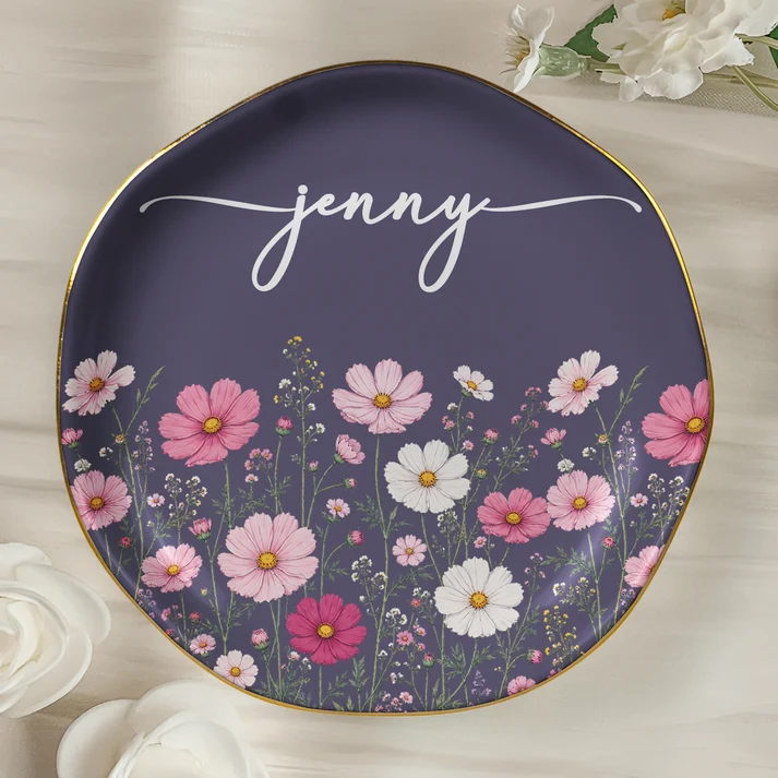 Custom Birth Flower & Name For Her - Personalized Jewelry Dish - Gift For Her, Besties, Friends, Sisters