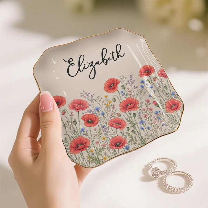 Custom Birth Flower & Name For Her - Personalized Jewelry Dish - Gift For Her, Besties, Friends, Sisters