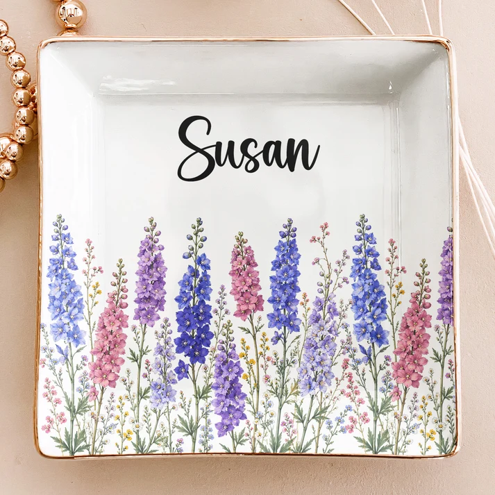 Custom Birth Flower & Name For Her - Personalized Jewelry Dish - Gift For Her, Besties, Friends, Sisters