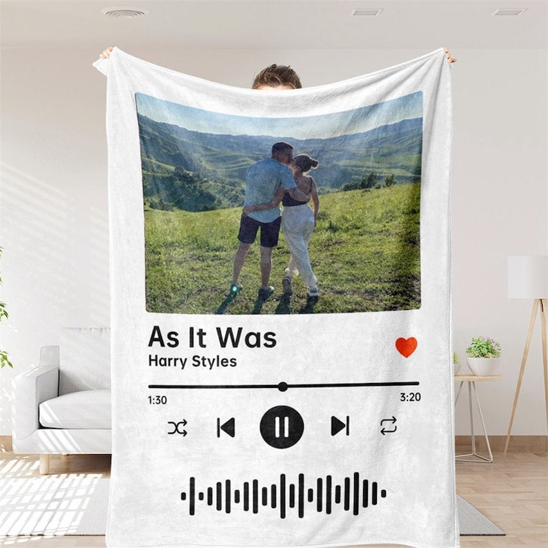 Couple's Personalized Song Blanket: Custom "Our Song" Music Player with Photo - Unique Anniversary or Birthday Gift for Wife, Husband, or Partner