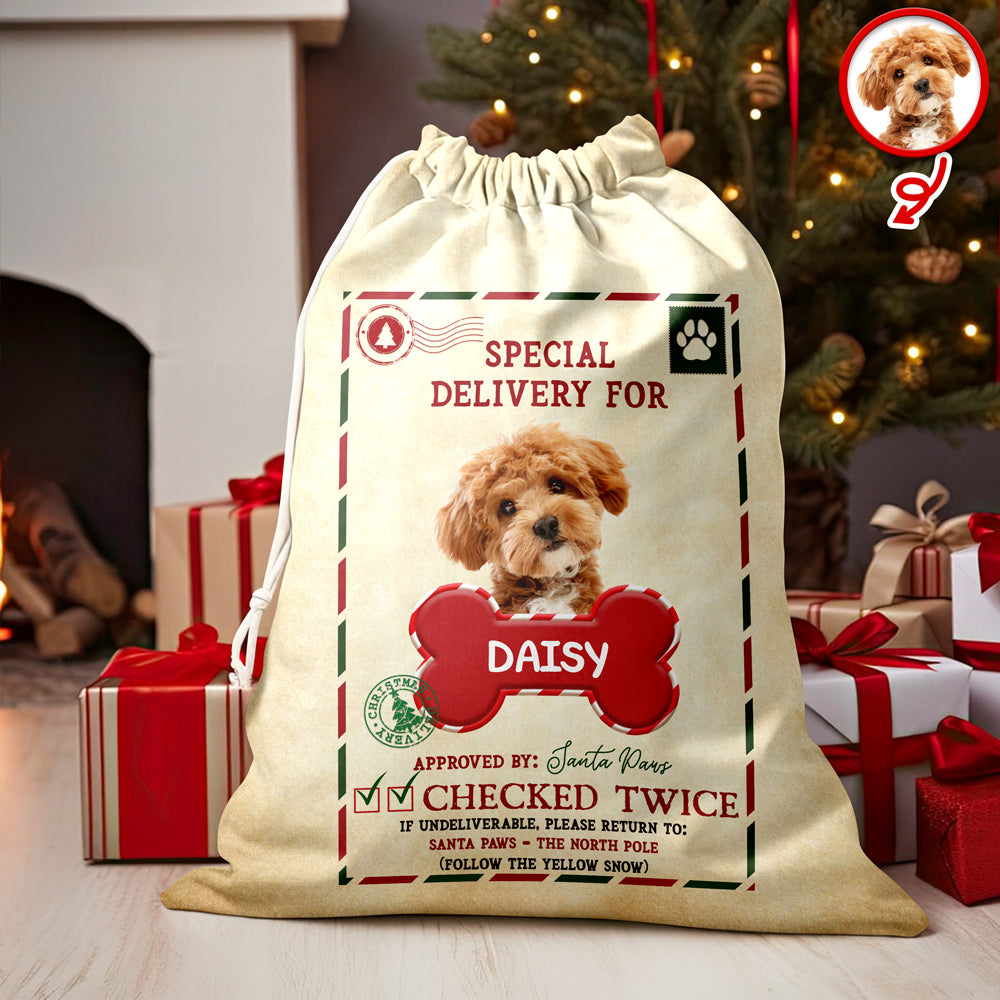 Custom Photo Special Delivery Dog - Personalized Santa Sack - Christmas Gift for Dog Lovers, Cat Lovers, Pet Lovers