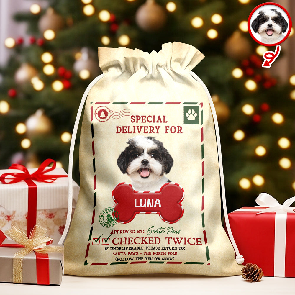 Custom Photo Special Delivery Dog - Personalized Santa Sack - Christmas Gift for Dog Lovers, Cat Lovers, Pet Lovers