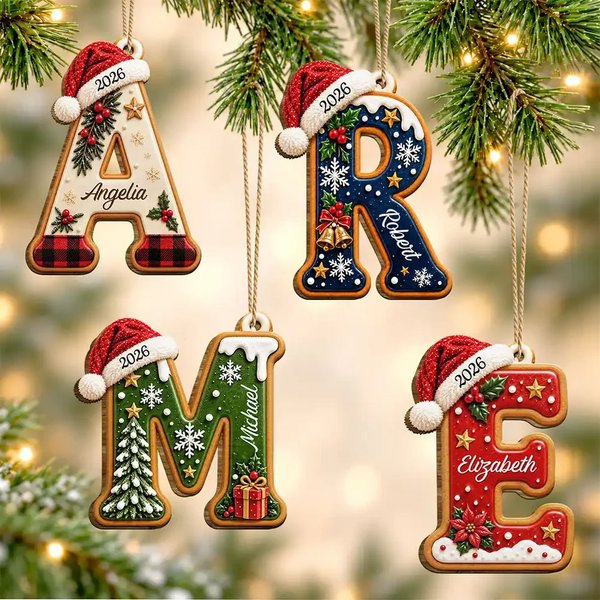 Custom Name Christmas Santa Hat Initial Letter - Personalized Wood Ornament - Christmas Gifts For Mom, Dad, Brother, Sister, Kids