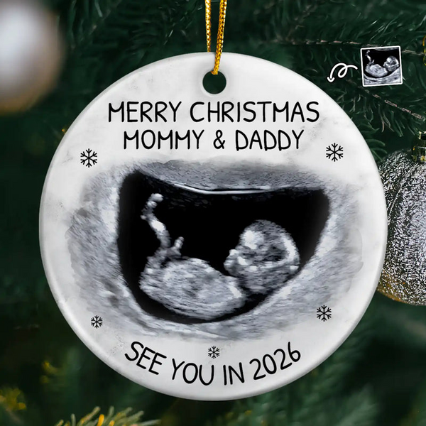 Custom Photo Baby Expecting See You In 2026 - Personalized Ceramic Ornament - Christmas Gift for Pregnant Woman
