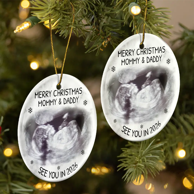 Custom Photo Baby Expecting See You In 2026 personalized circle ceramic ornament, alternate view 4