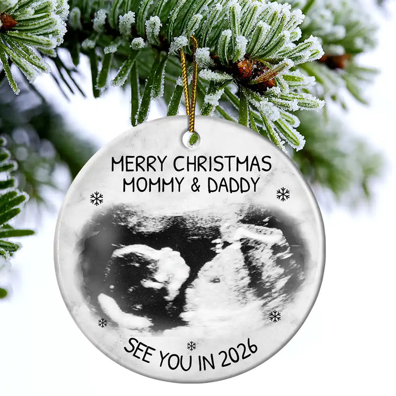 Custom Photo Baby Expecting See You In 2026 personalized circle ceramic ornament, alternate view 2