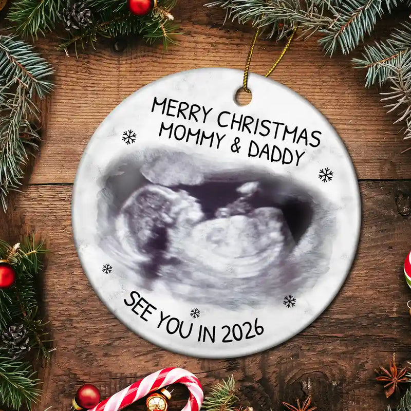Custom Photo Baby Expecting See You In 2026 personalized circle ceramic ornament, alternate view 6