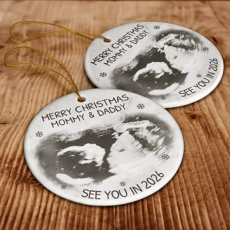 Custom Photo Baby Expecting See You In 2026 personalized circle ceramic ornament, alternate view 5