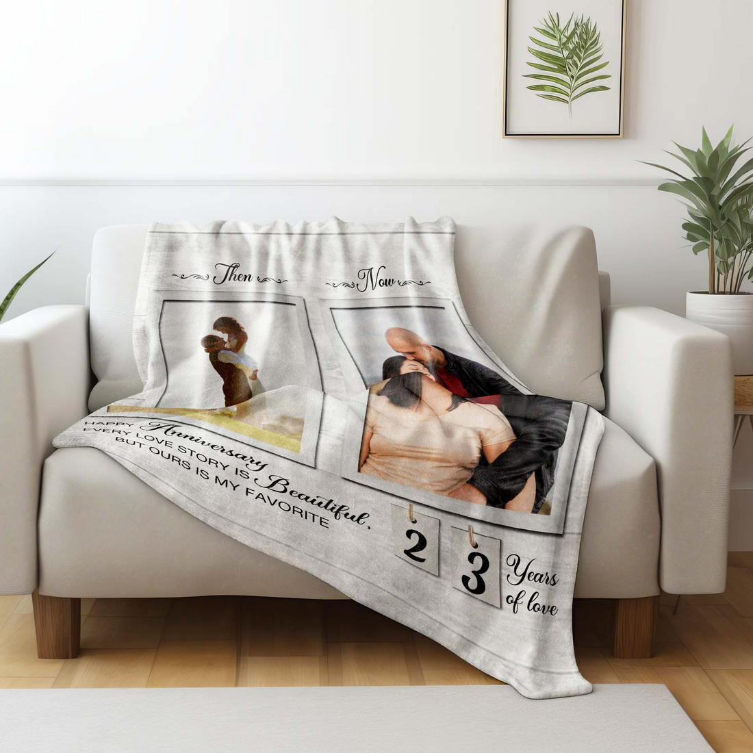 Custom Photo Every Love Story Couple fleece blanket, spread across a bed