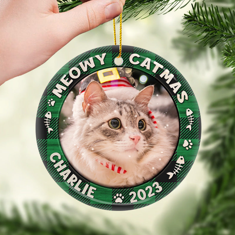Custom Photo First Christmas Dog & Cat - Personalized Circle Ceramic Ornament - Christmas Gift for Dog Lovers, Cat Lovers, Pet Lovers
