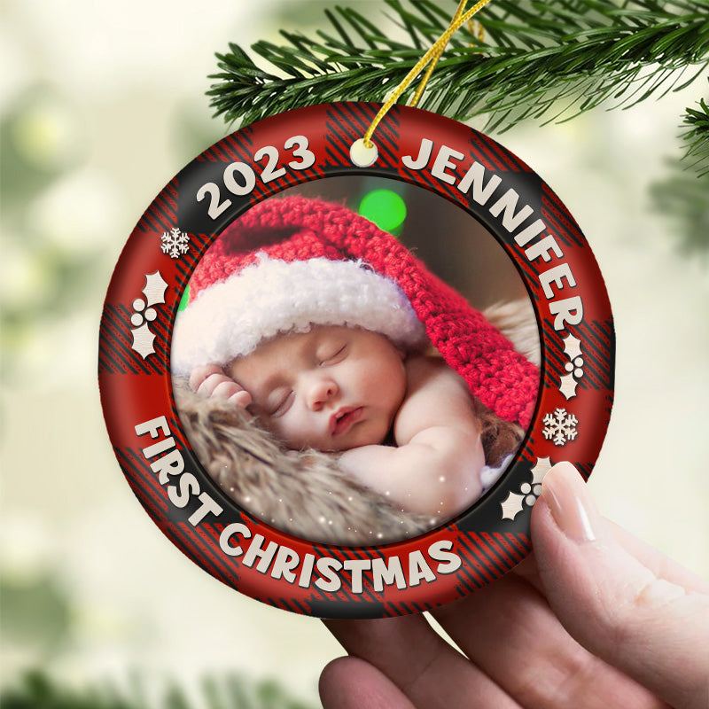 Custom Photo First Christmas Dog & Cat - Personalized Circle Ceramic Ornament - Christmas Gift for Dog Lovers, Cat Lovers, Pet Lovers