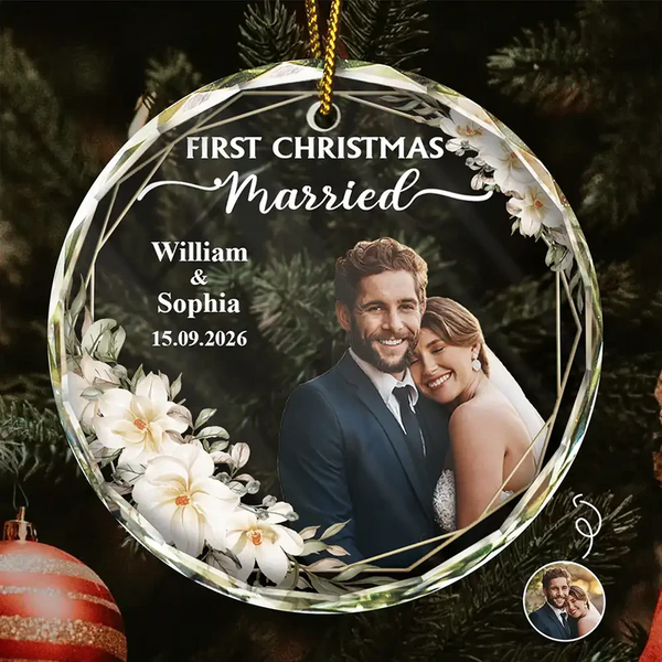 Custom Photo First Christmas Married - Personalized Circle Glass Ornament - Christmas Gift For Her/Him, Husband/Wife, Couples