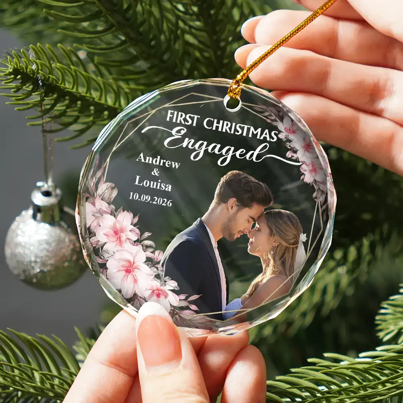 Custom Photo First Christmas Married - Personalized Circle Glass Ornament - Christmas Gift For Her/Him, Husband/Wife, Couples