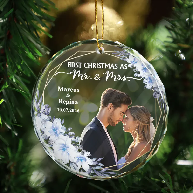 Custom Photo First Christmas Married - Personalized Circle Glass Ornament - Christmas Gift For Her/Him, Husband/Wife, Couples