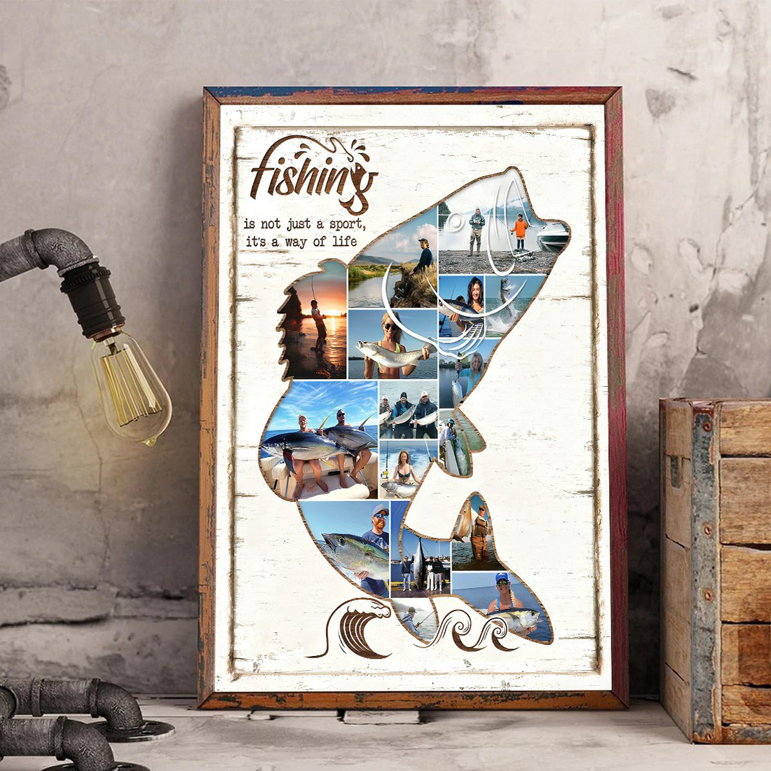 Custom Photo Fishing Photo Collage poster, framed in a bright living room