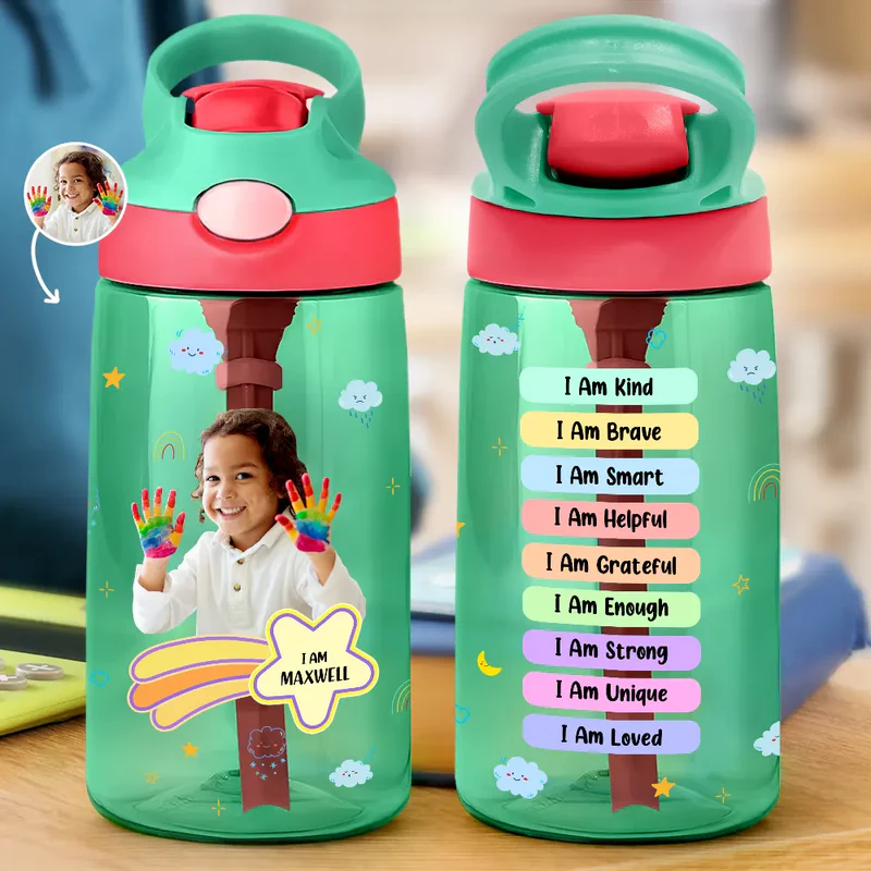 Custom Photo I Am Affirmations - Personalized Kids Water Bottle With Straw - Gift For Back To School, First Day of School - Student, Son, Daughter | Kindergarten, Pre-K, Preschool