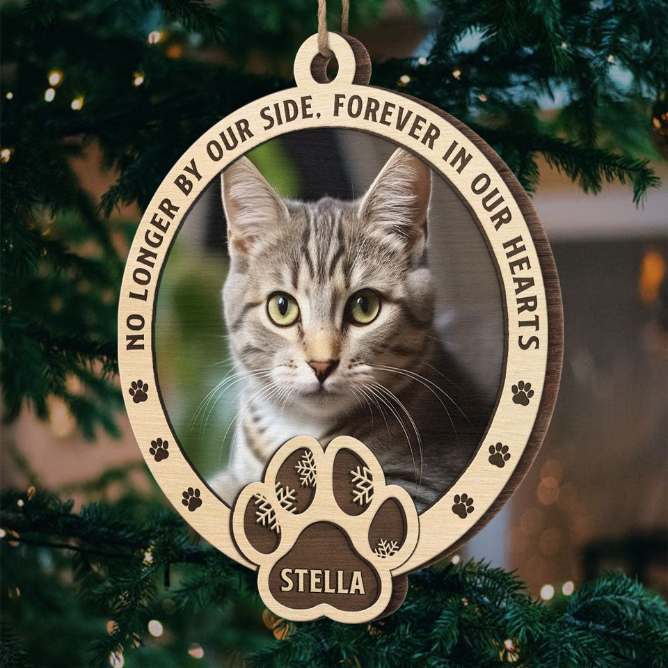 Custom Photo No Longer By Our Side, Forever In Our Hearts Pet Memorial custom shaped wood ornament, alternate view 3