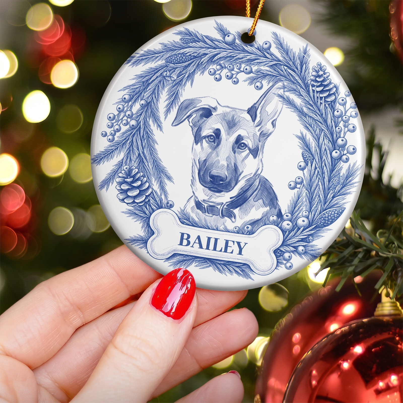 Custom Photo Pencil Sketch Pet Memorial Christmas - Personalized Circle Ceramic Ornament - Sympathy Gift For Pet Owners, Pet Lovers, Dog Lovers, Cat Lovers