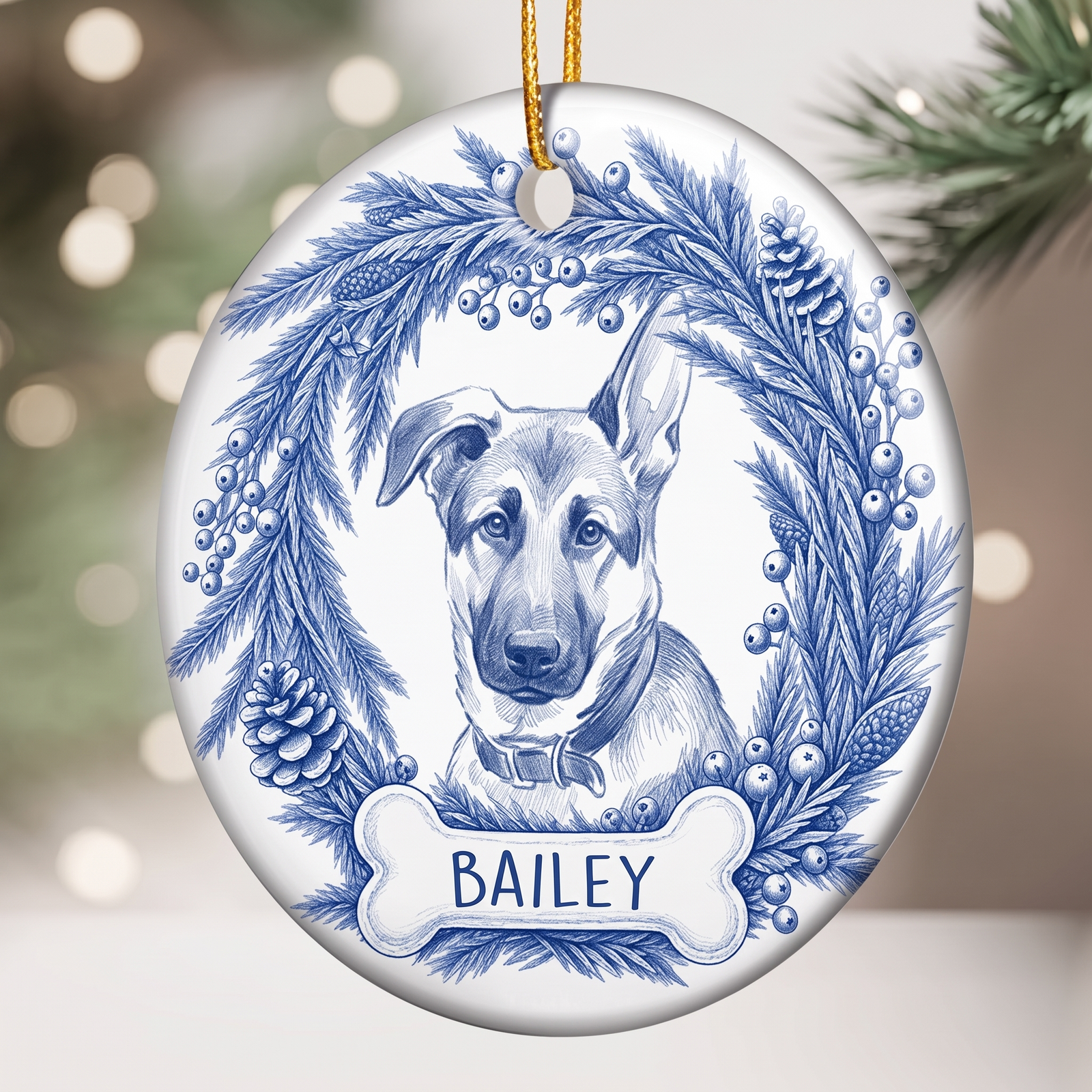Custom Photo Pencil Sketch Pet Memorial Christmas - Personalized Circle Ceramic Ornament - Sympathy Gift For Pet Owners, Pet Lovers, Dog Lovers, Cat Lovers