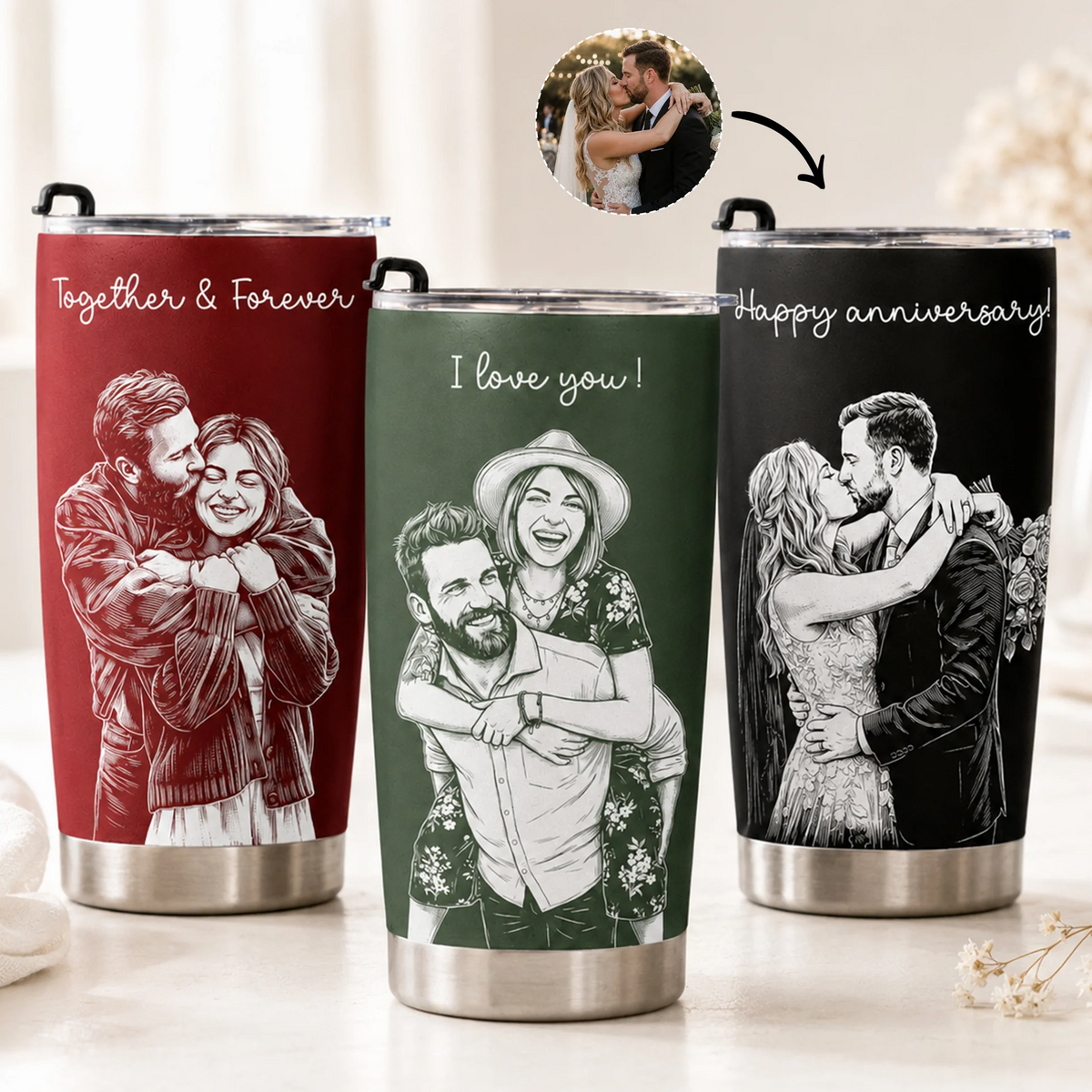 Custom Couple Photo Sketch Line Art - Personalized Custom 20oz Fat Tumbler Cup - Gift For Her/Him, Husband/Wife, Couples on Anniversary, Valentine's Day