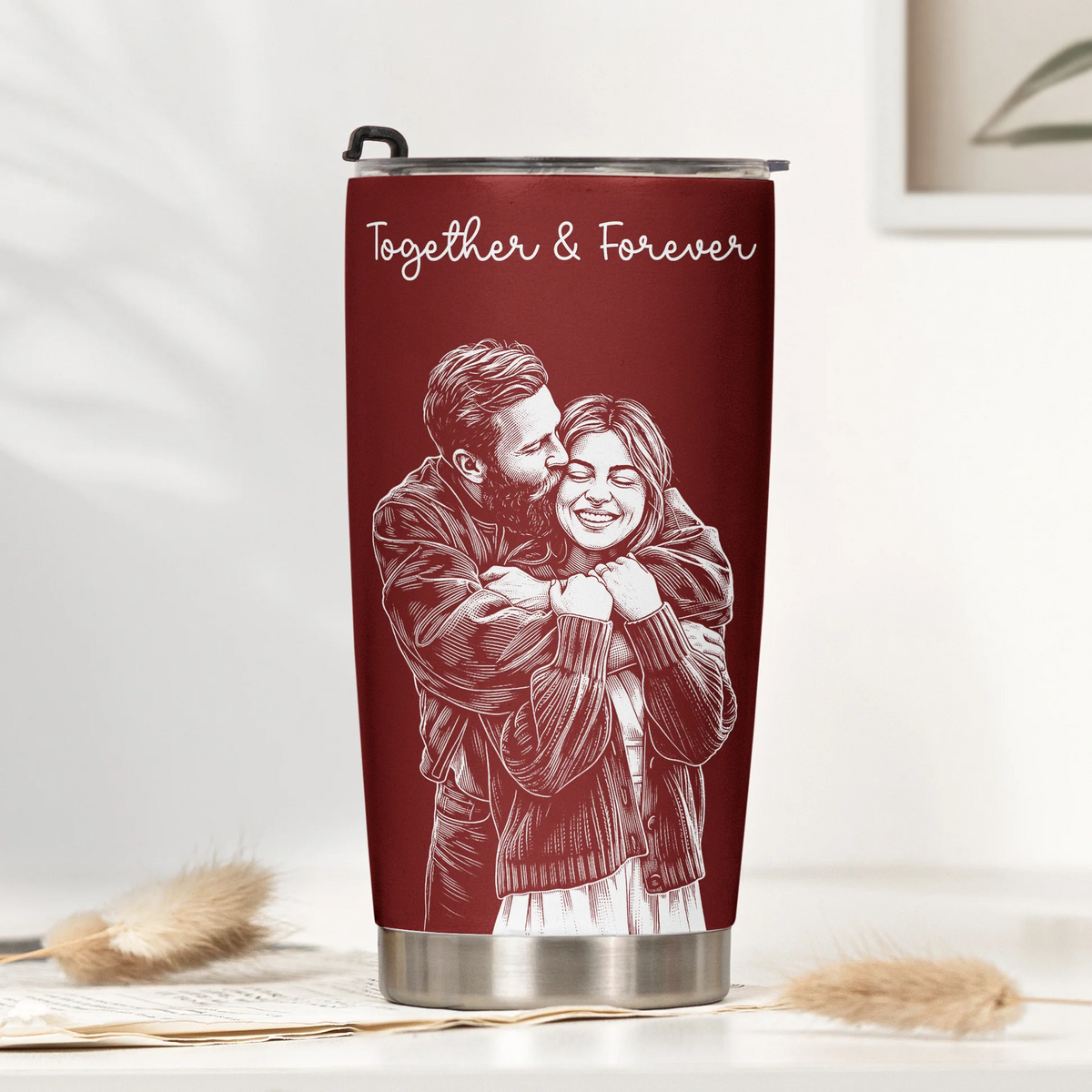 Custom Couple Photo Sketch Line Art - Personalized Custom 20oz Fat Tumbler Cup - Gift For Her/Him, Husband/Wife, Couples on Anniversary, Valentine's Day