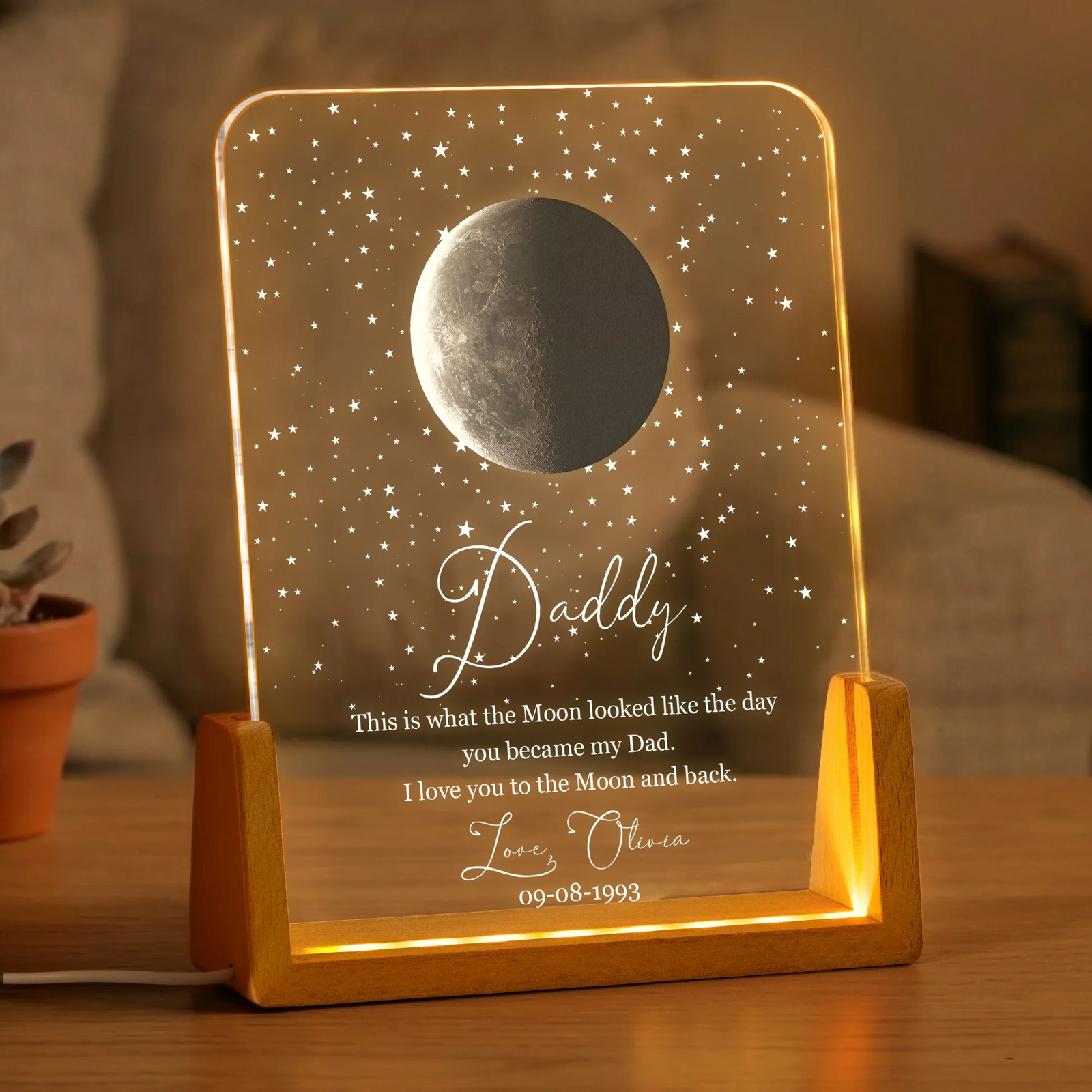 Custom Moon Phase The Day You Became My Dad - Personalized Night Light, 3D Led Lamp With Wooden Base - Father's Day Gift for Dad, Papa, Daddy, Dada